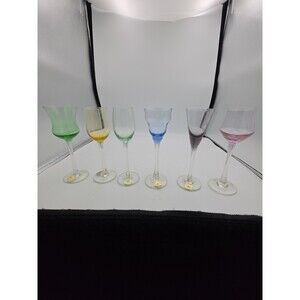 Block Crystal Set of 6 Multicolor Cordial Liqueur Glasses Mouth Blown Hand Cut
